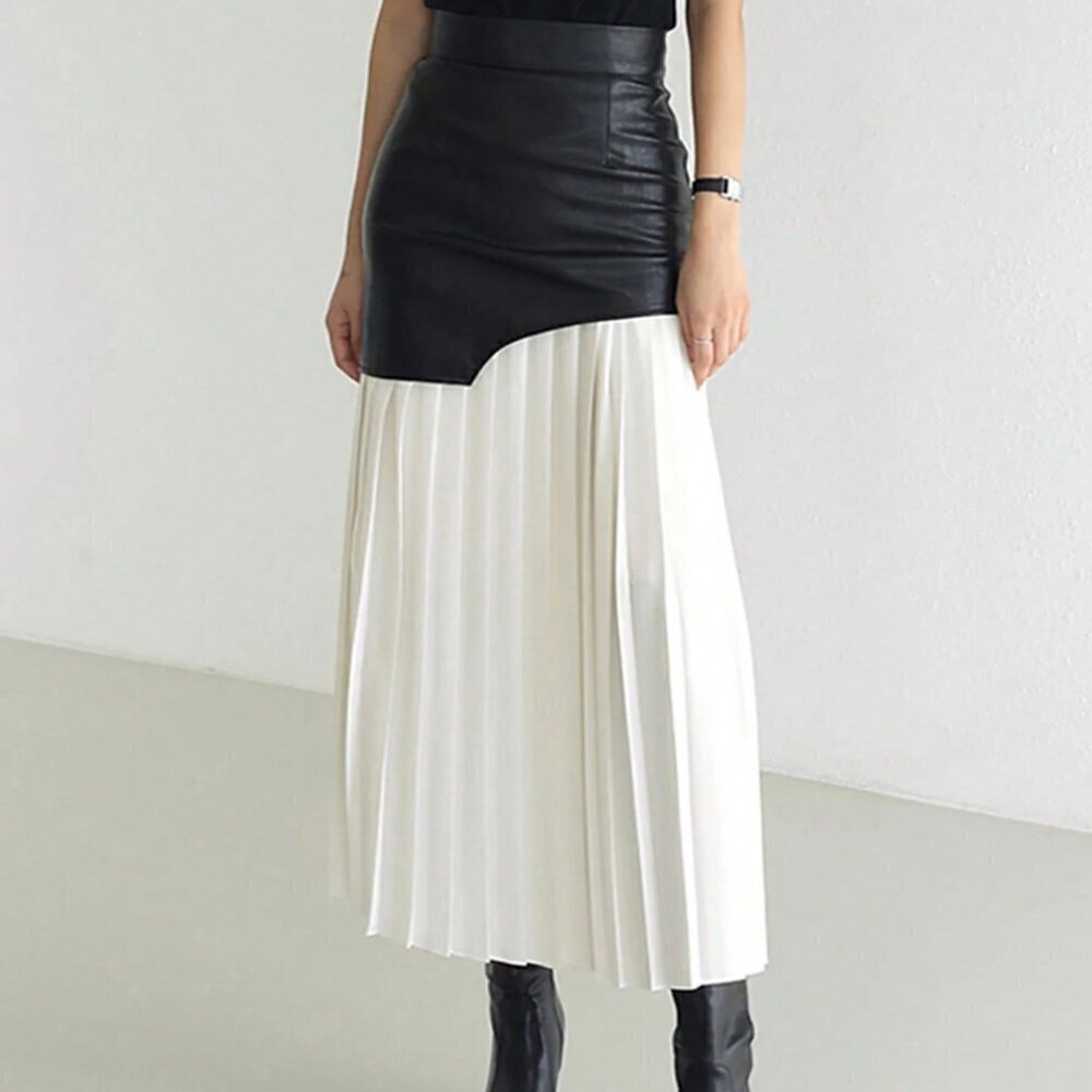 Black And White Casual Women's Faux Leather Patch Bodycon Skirt - Picture 1 of 4